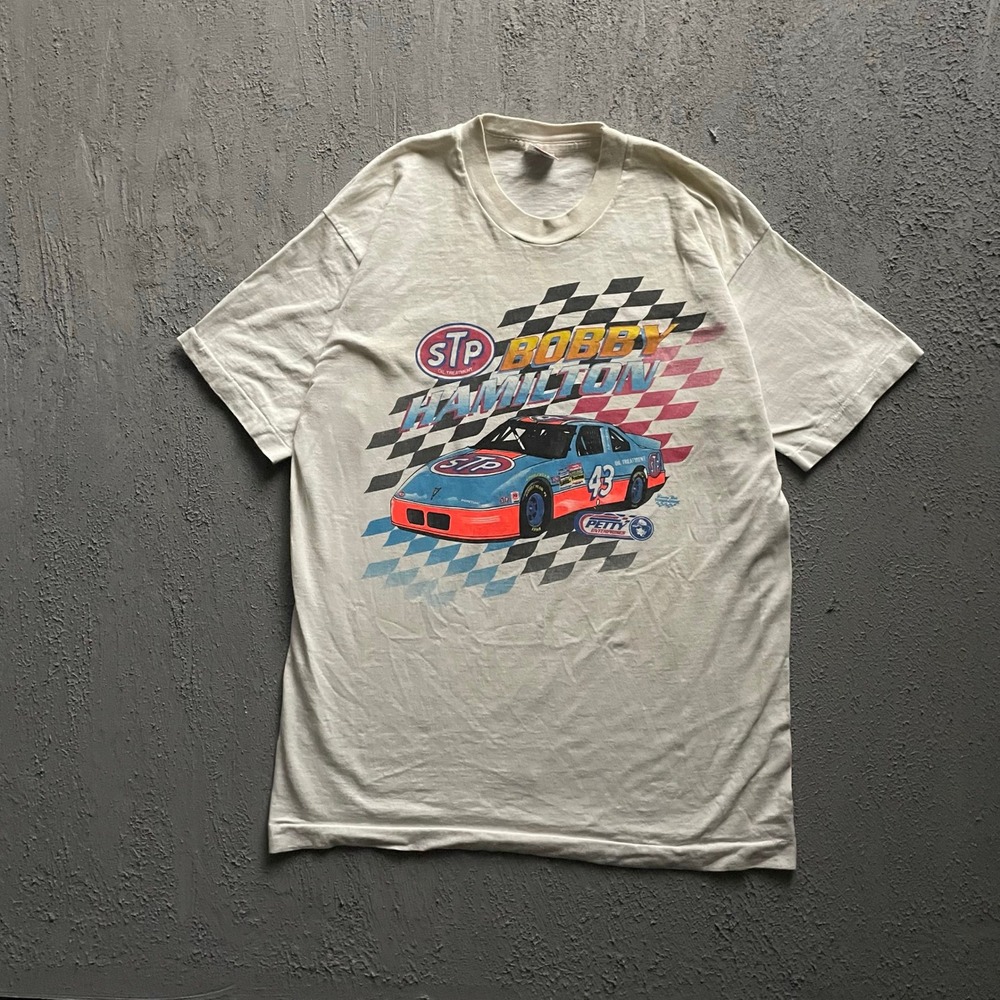 Vintage Bobby Hamilton Nascar T Shirt Mens Large White 90s Fruit of the Loom